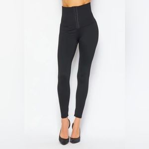 Women's Slimming Corset Hook & Eye Waist Solid Black Stretchy Thick Leggings